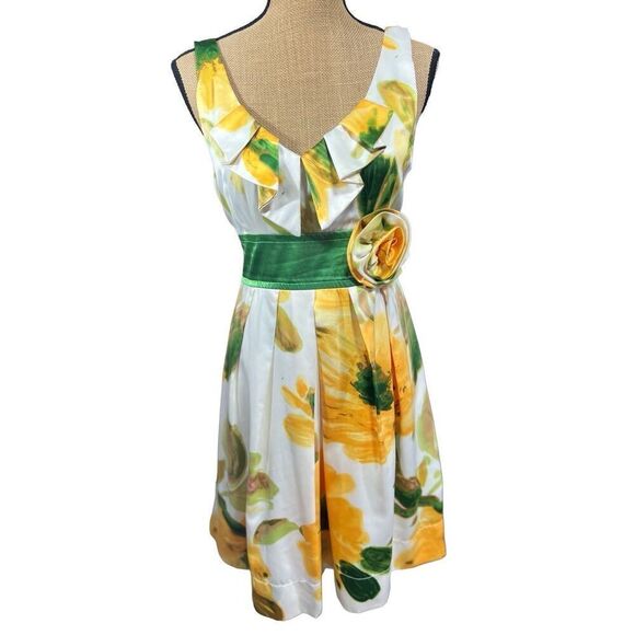 Vintage Inspired Yellow Floral Sundress Size 13 Tulle V-Neck Green Waistband - Picture 2 of 13
